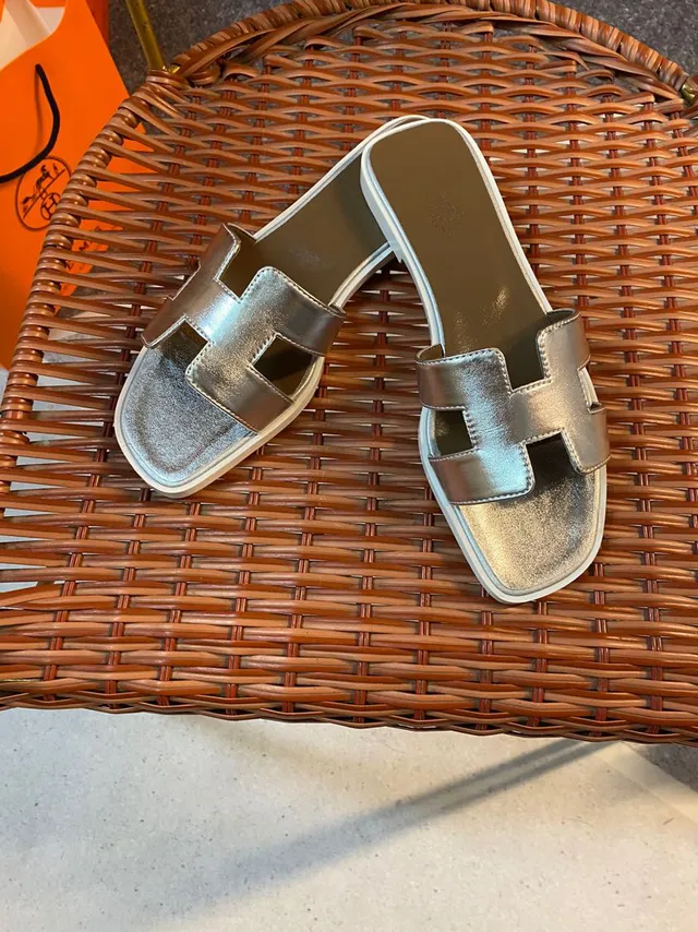 Hermès Silver Beige Metallic H-Strap Square Toe Slippers 6