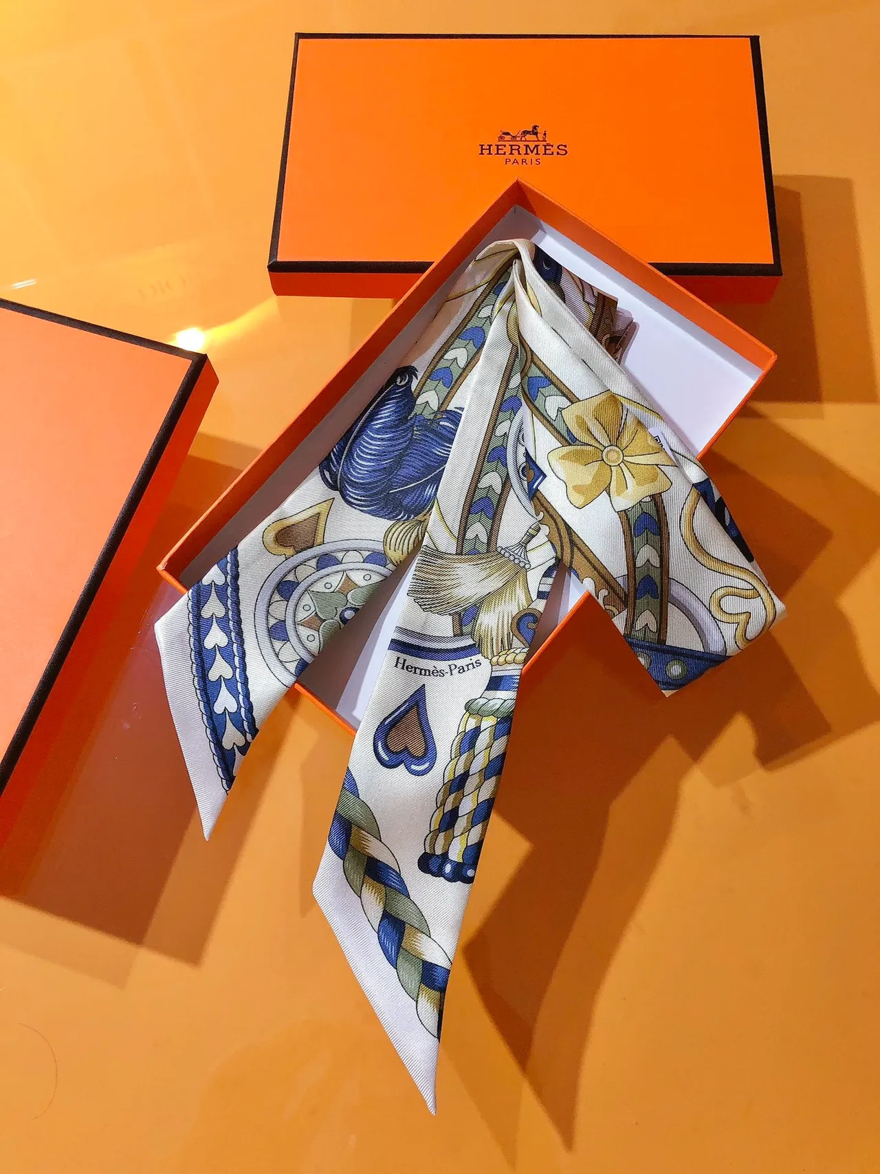 Hermès Twilly Beige Multicolor Narrow Printed Silk Scarf 6