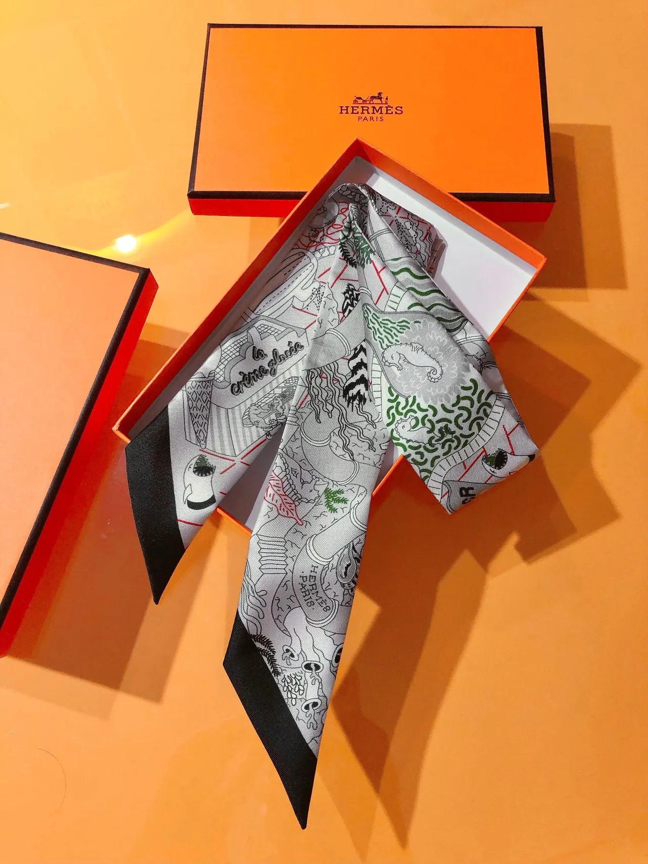 Hermès White Black Printed Line-Art Motif Rolled Border Silk Scarf 6