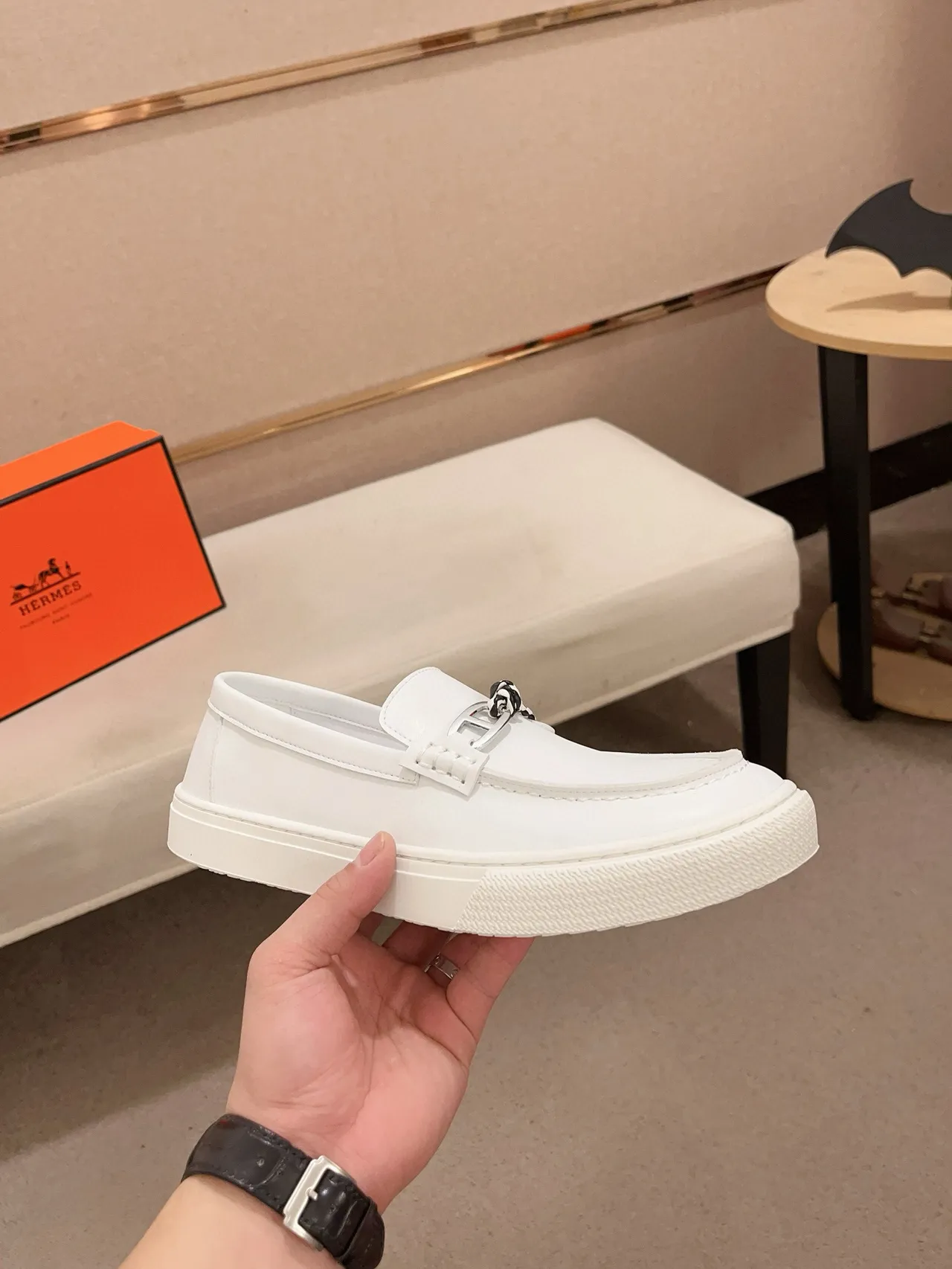 Hermès White Leather H-Buckle Hardware Loafer 4