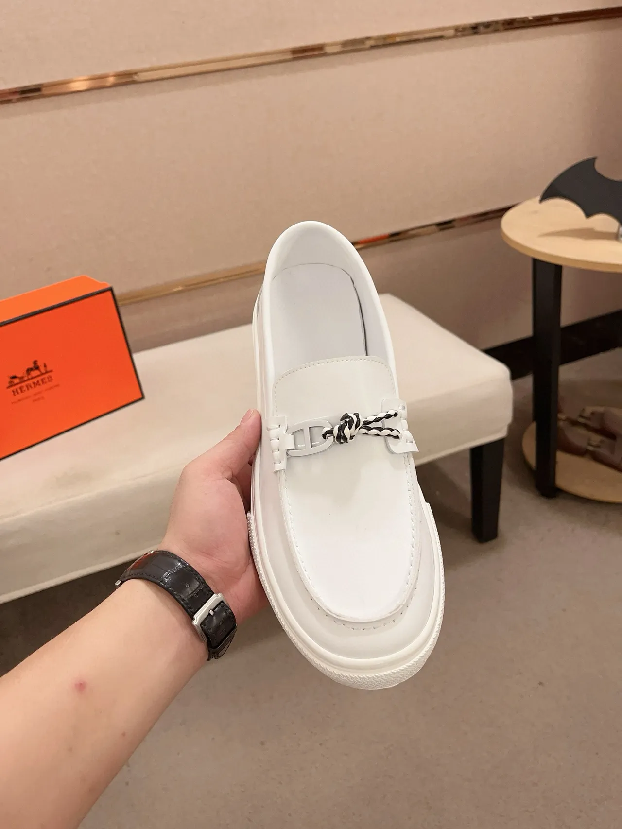 Hermès White Leather H-Buckle Hardware Loafer 5