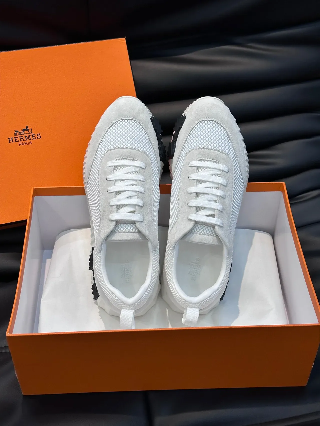 Hermès White Mesh and Suede Lifestyle Sneakers 4
