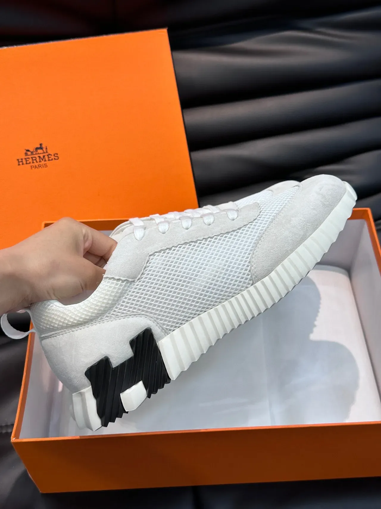 Hermès White Mesh and Suede Lifestyle Sneakers 6