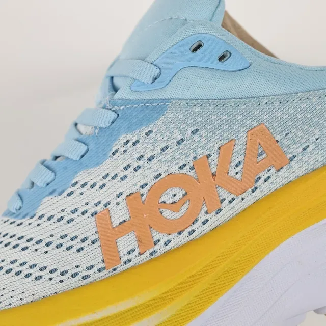 Hoka Blue Yellow Engineered Mesh Upper Stacked Midsole Running Shoes 6