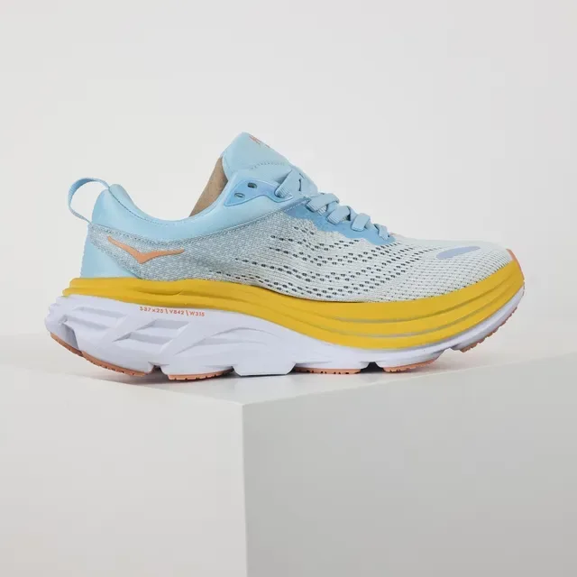 Hoka Blue Yellow Engineered Mesh Upper Stacked Midsole Running Shoes 7