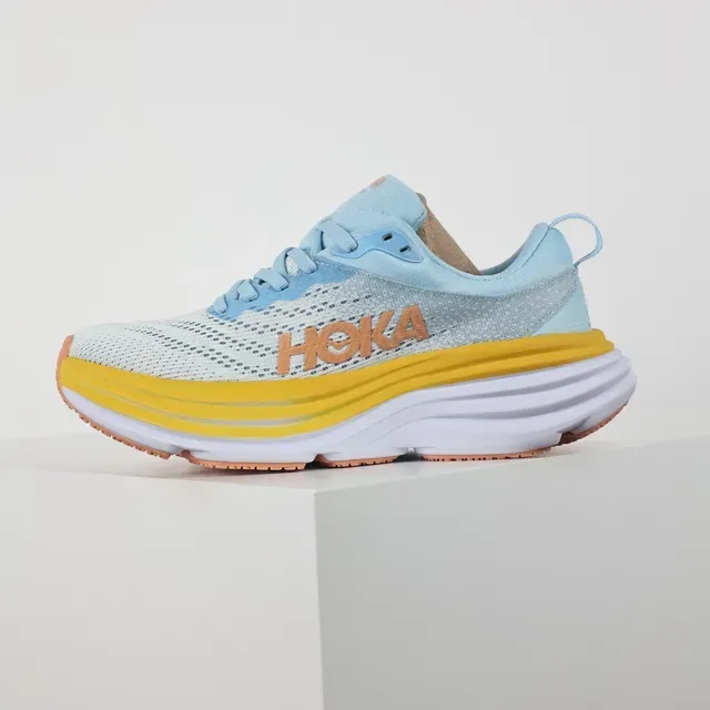 Hoka Blue Yellow Engineered Mesh Upper Stacked Midsole Running Shoes 9