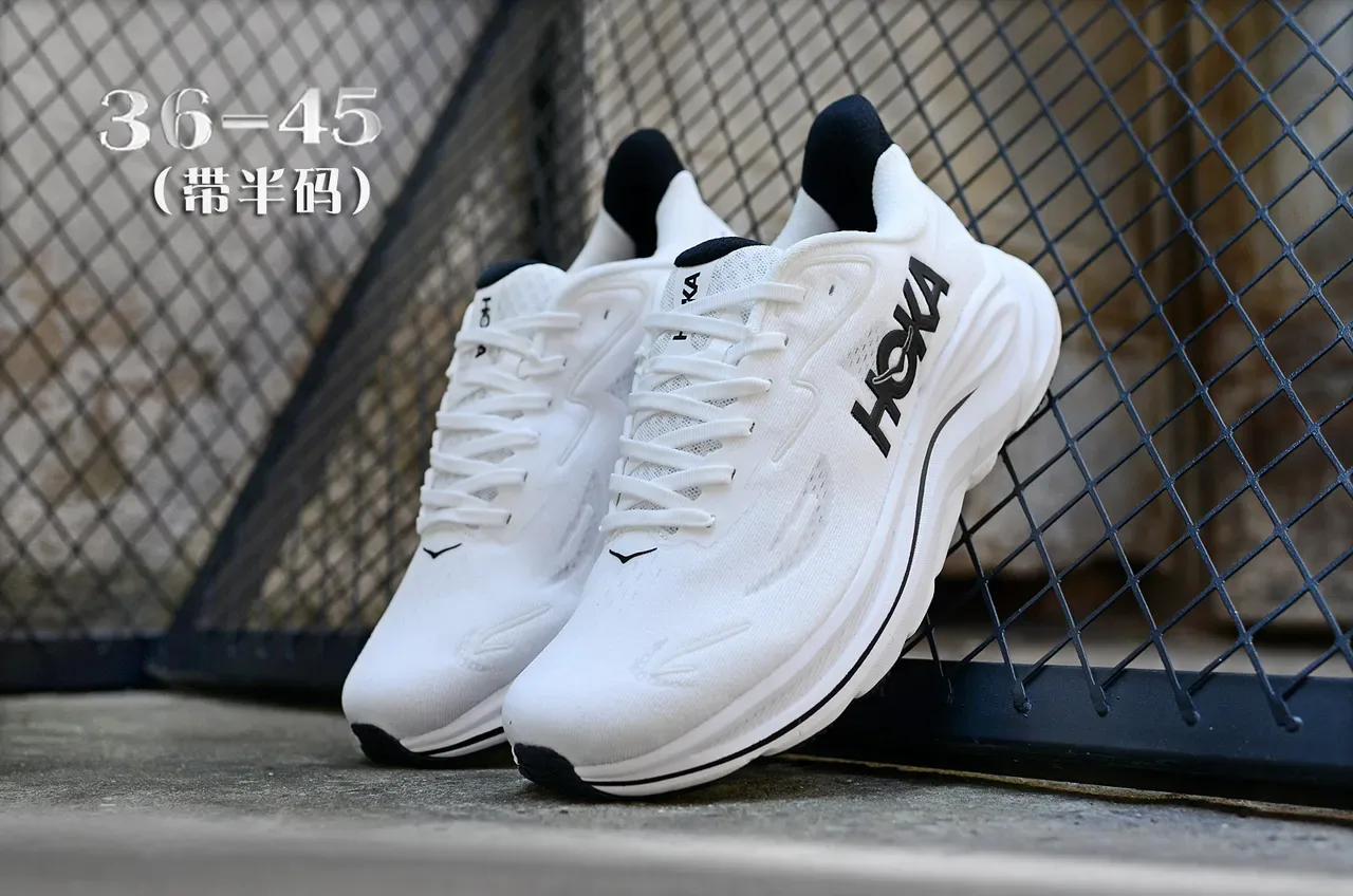 Hoka White Black Engineered Mesh Upper Sculpted Cushioned Midsole Running Shoes 5