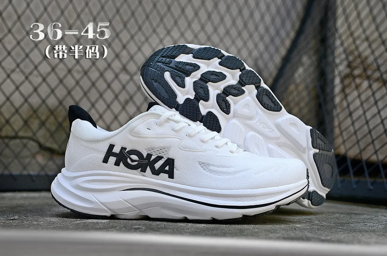 Hoka White Black Engineered Mesh Upper Sculpted Cushioned Midsole Running Shoes 7