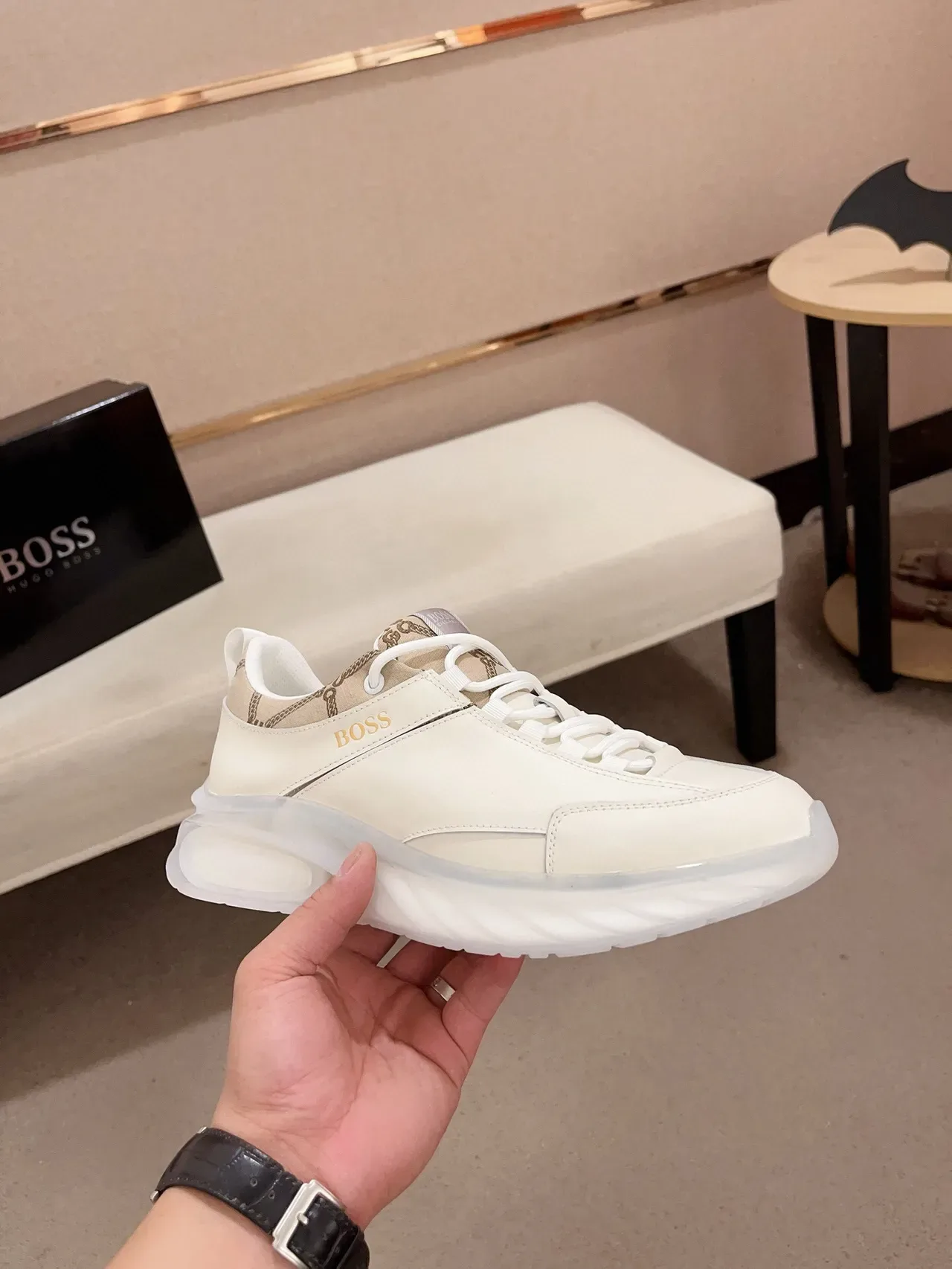 Hugo Boss Beige Blanc Sculpté Transparent Médiasole Pané Supérieur Sneakers Lifestyle 4