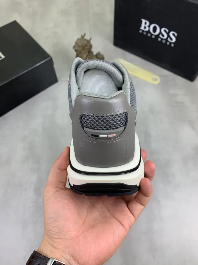 Hugo Boss Tênis chunky de malha e couro cinza 3