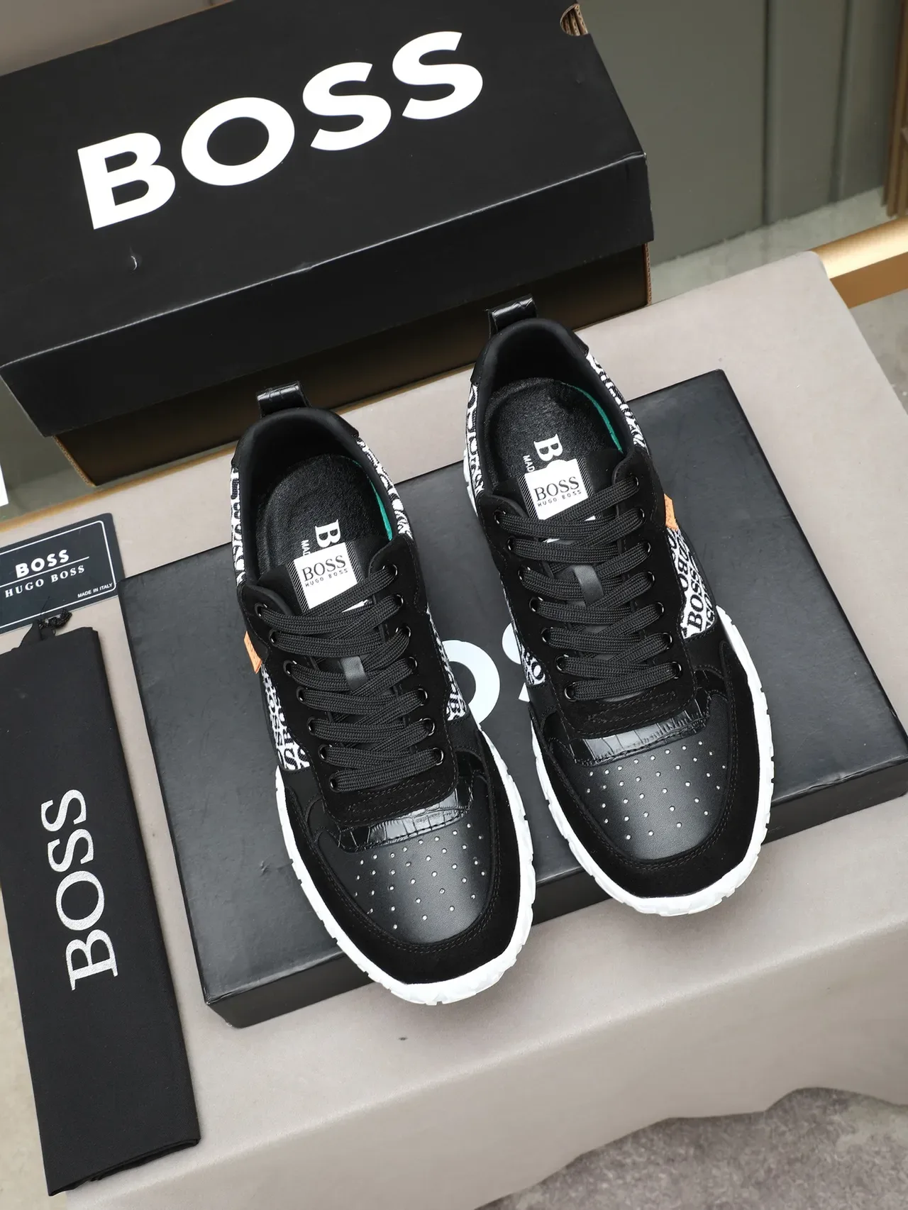 Hugo Boss Lifestyle Sneaker Black and White Monogram Mixed-Material Sneakers 2