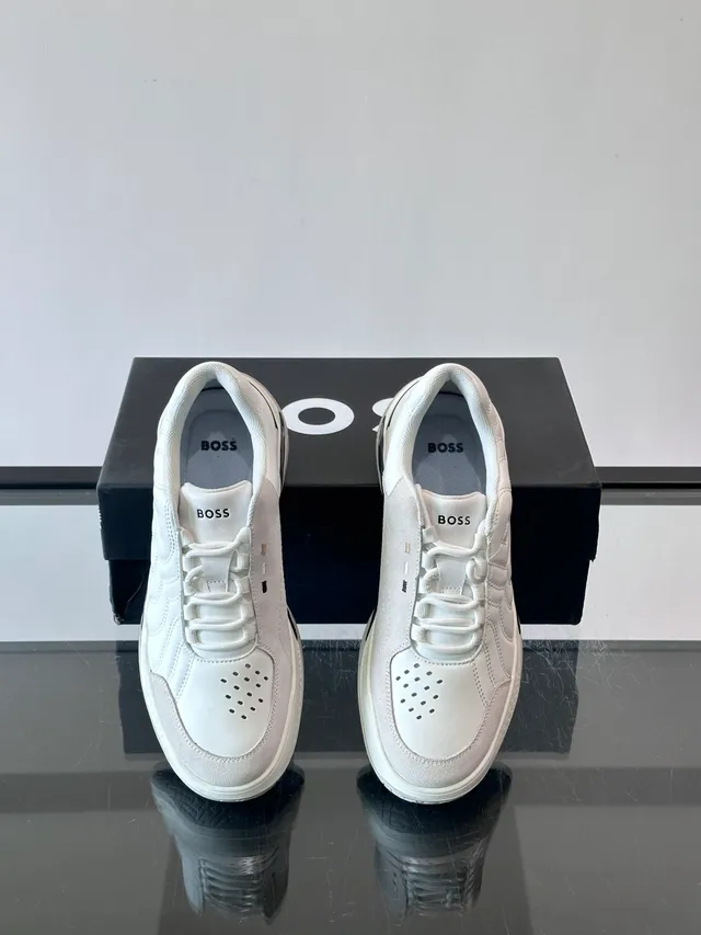 Hugo Boss Blanc Gris Quilté Couture Ondulée Partie Supérieure Perforée Embout Chaussures Lifestyle 4