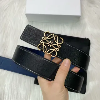 Loewe Anagram Black Navy Reversible Pebbled Gold Buckle Leather Belt