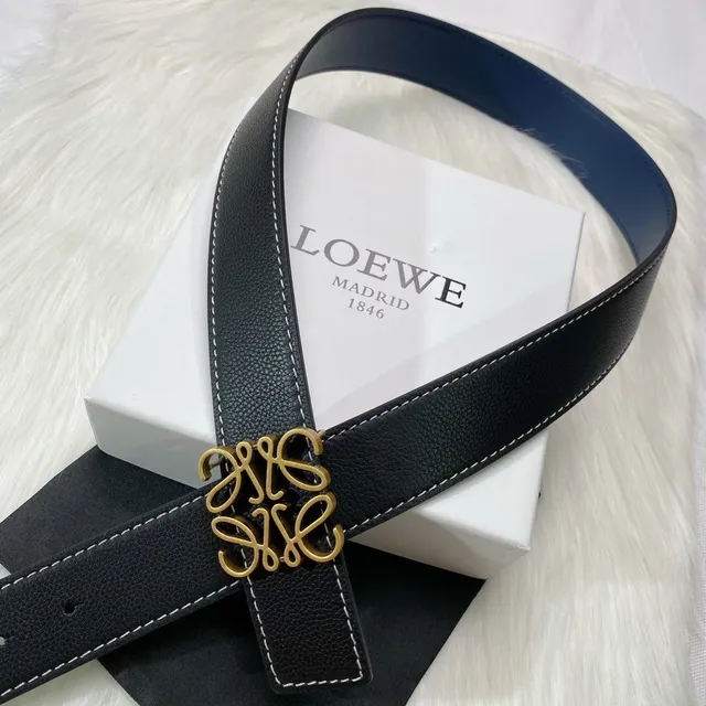 Loewe Anagram Black Navy Reversible Pebbled Gold Buckle Leather Belt 2