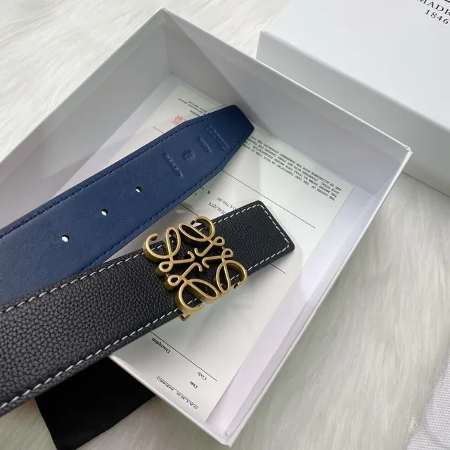 Loewe Anagram Black Navy Reversible Pebbled Gold Buckle Leather Belt 3