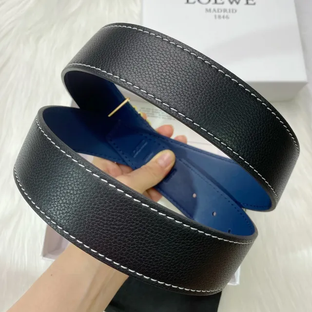 Loewe Anagram Black Navy Reversible Pebbled Gold Buckle Leather Belt 4