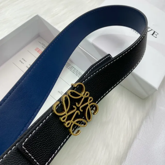 Loewe Anagram Black Navy Reversible Pebbled Gold Buckle Leather Belt 5