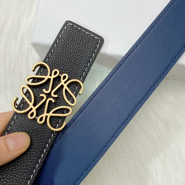 Loewe Anagram Black Navy Reversible Pebbled Gold Buckle Leather Belt 6