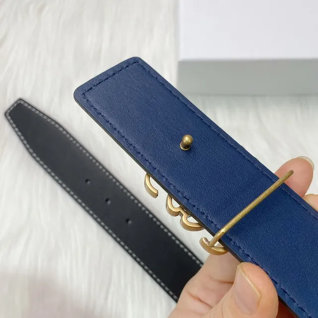 Loewe Anagram Black Navy Reversible Pebbled Gold Buckle Leather Belt 7