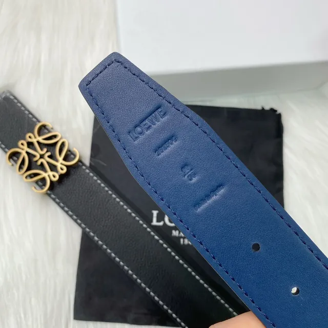 Loewe Anagram Black Navy Reversible Pebbled Gold Buckle Leather Belt 8
