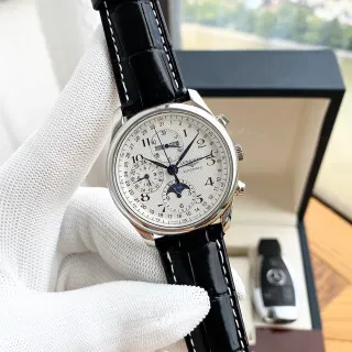 Longines Master Collection Chronograph Moonphase White Dial Black Leather Mechanical Watch