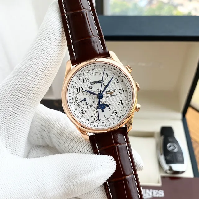 Longines Master Collection Chronograph Moonphase White Dial Black Leather Mechanical Watch 5