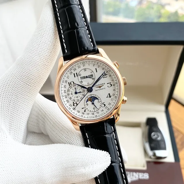 Longines Master Collection Chronograph Moonphase White Dial Black Leather Mechanical Watch 6