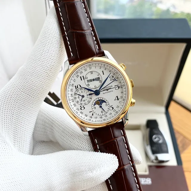 Longines Master Collection Chronograph Moonphase White Dial Black Leather Mechanical Watch 7