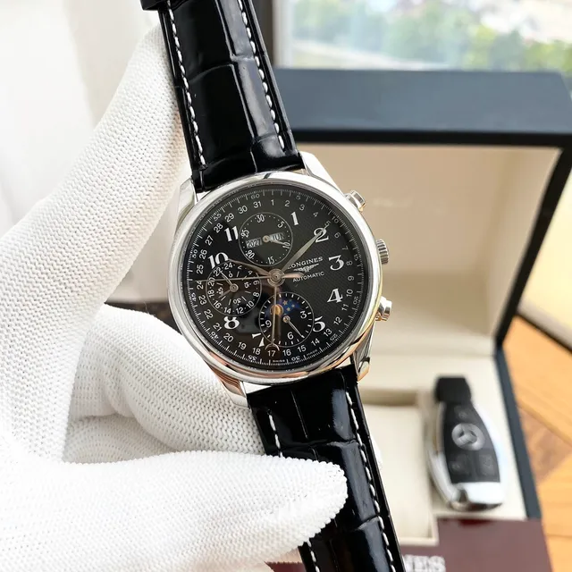 Longines Master Collection Chronograph Moonphase White Dial Black Leather Mechanical Watch 8