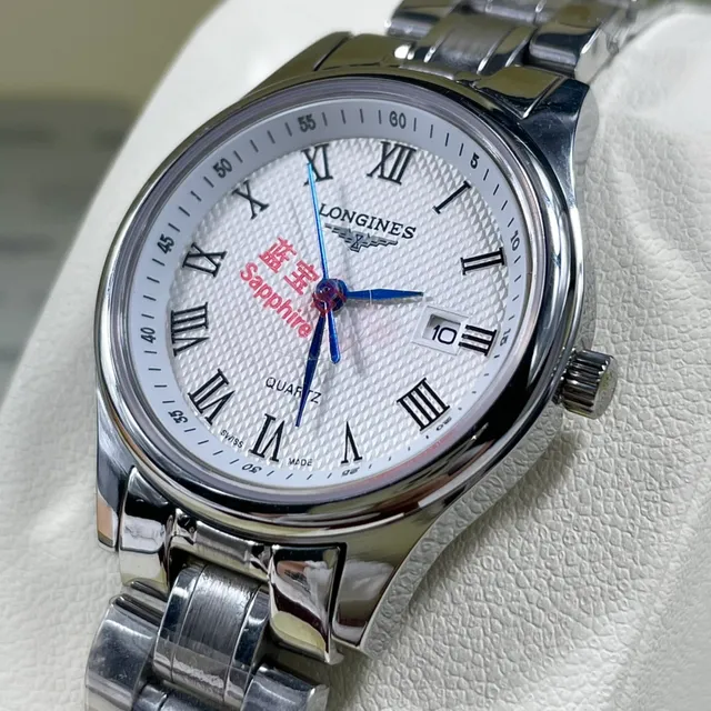 Longines Silver Blue Stainless Steel Bracelet White Guilloché Dial Quartz Watch 3
