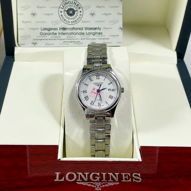 Longines Silver Blue Stainless Steel Bracelet White Guilloché Dial Quartz Watch 4