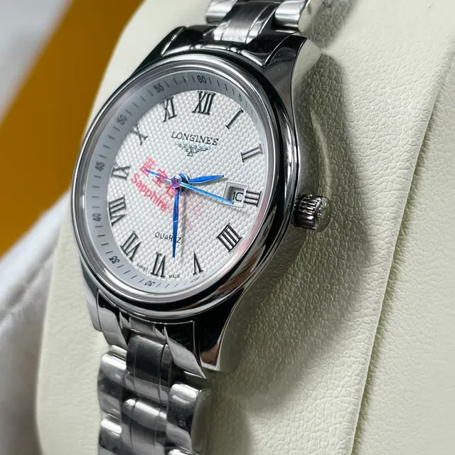 Longines Silver Blue Stainless Steel Bracelet White Guilloché Dial Quartz Watch 5