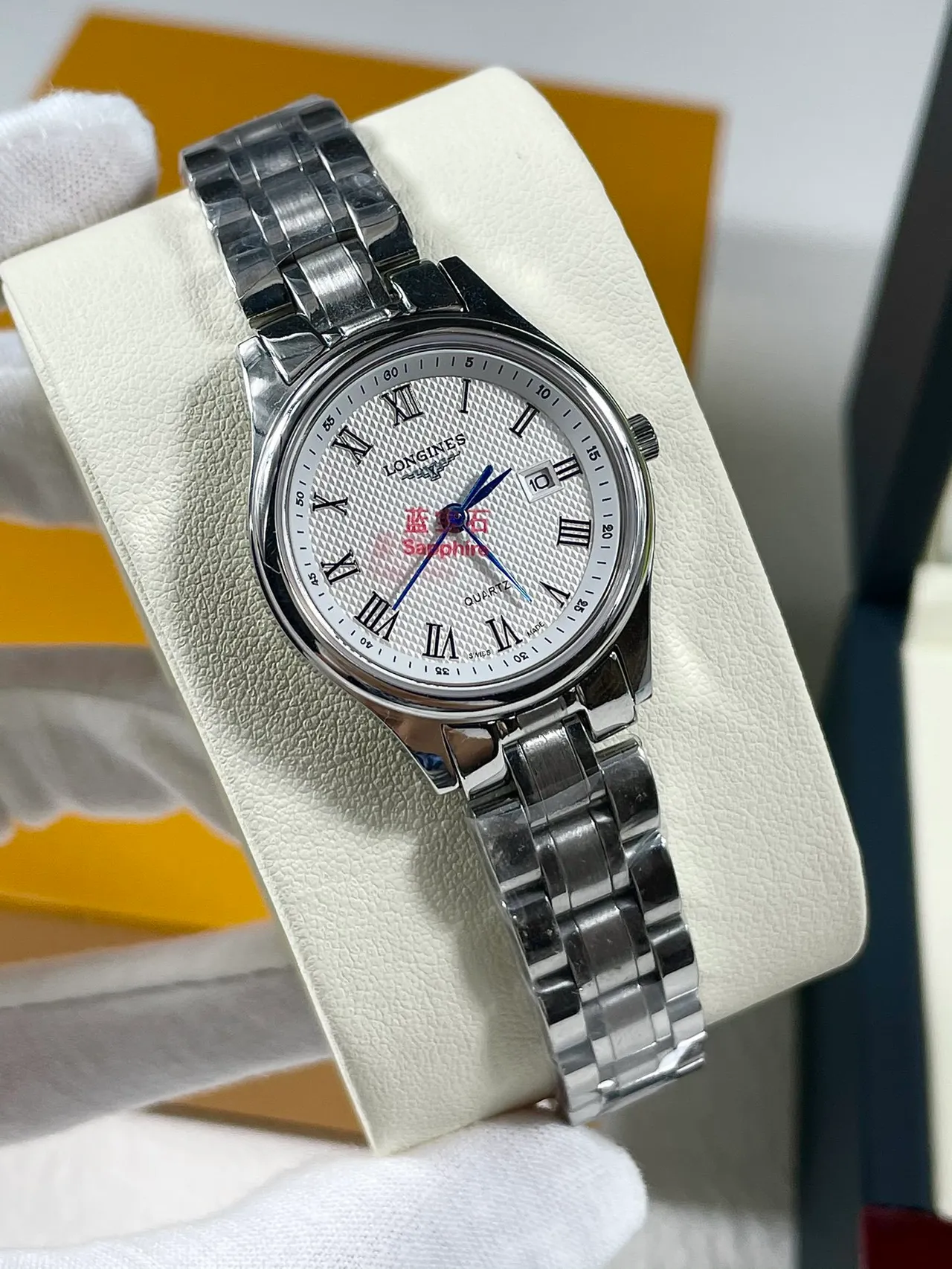 Longines Silver Blue Stainless Steel Bracelet White Guilloché Dial Quartz Watch 6