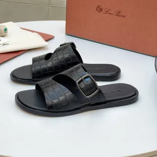 Loro Piana Sandalias Casual de Cuero con Estampado de Cocodrilo de Doble Correa Negra