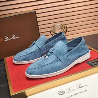 Loro Piana 蓝色白色麂皮革面流苏带松紧乐福鞋