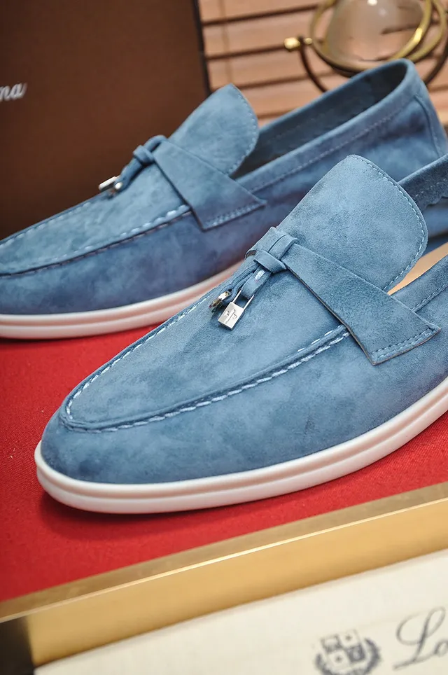 Loro Piana Mocassim de camurça azul branco com tira de franjas 3