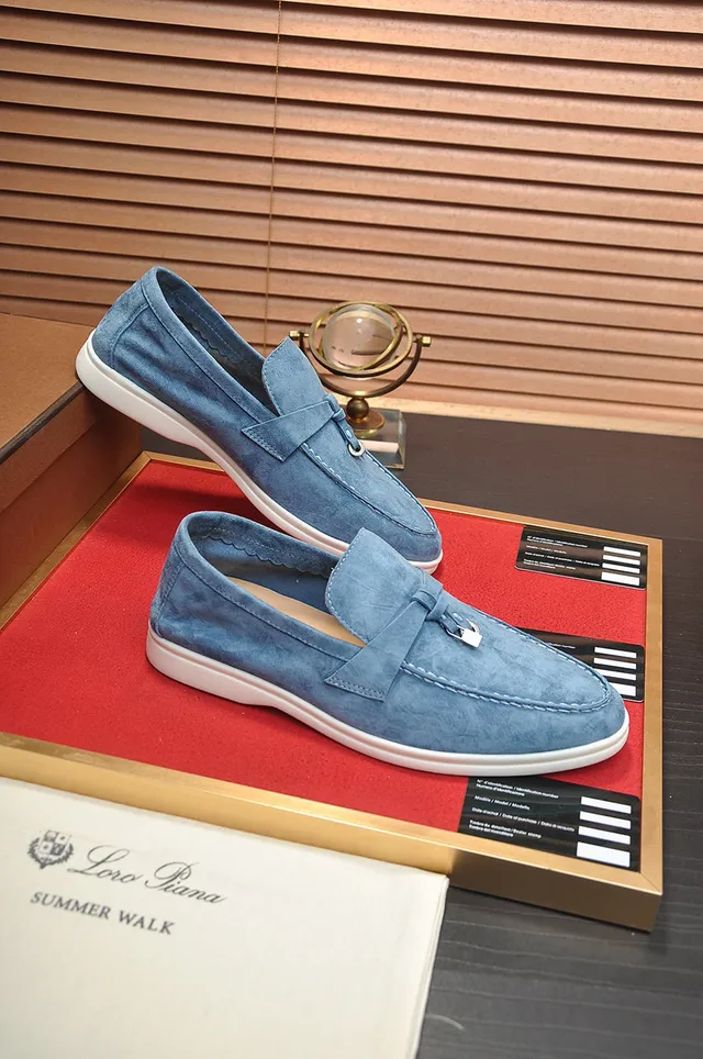 Loro Piana Mocassim de camurça azul branco com tira de franjas 5