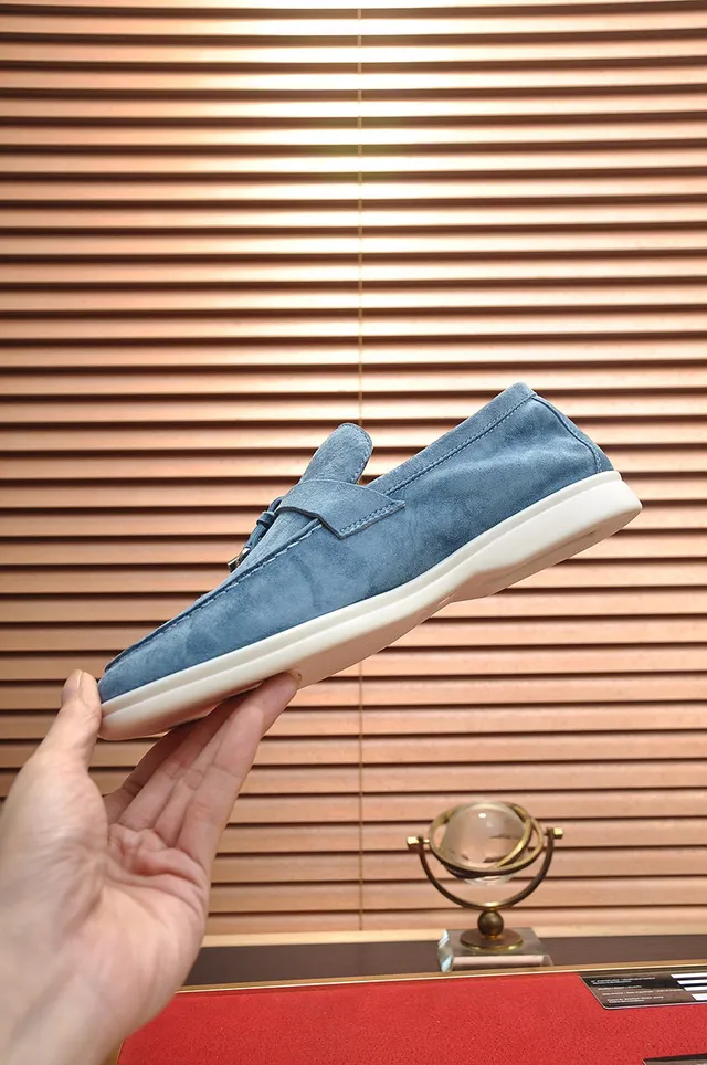 Loro Piana Mocassim de camurça azul branco com tira de franjas 6
