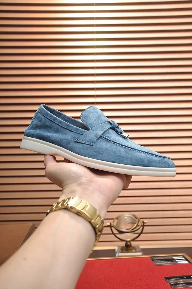 Loro Piana Mocassim de camurça azul branco com tira de franjas 7