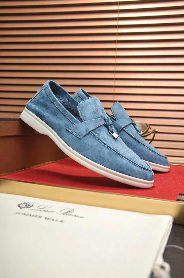 Loro Piana Mocassim de camurça azul branco com tira de franjas 8