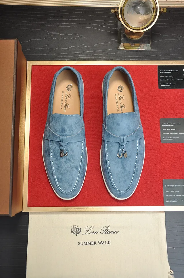Loro Piana Mocassim de camurça azul branco com tira de franjas 9