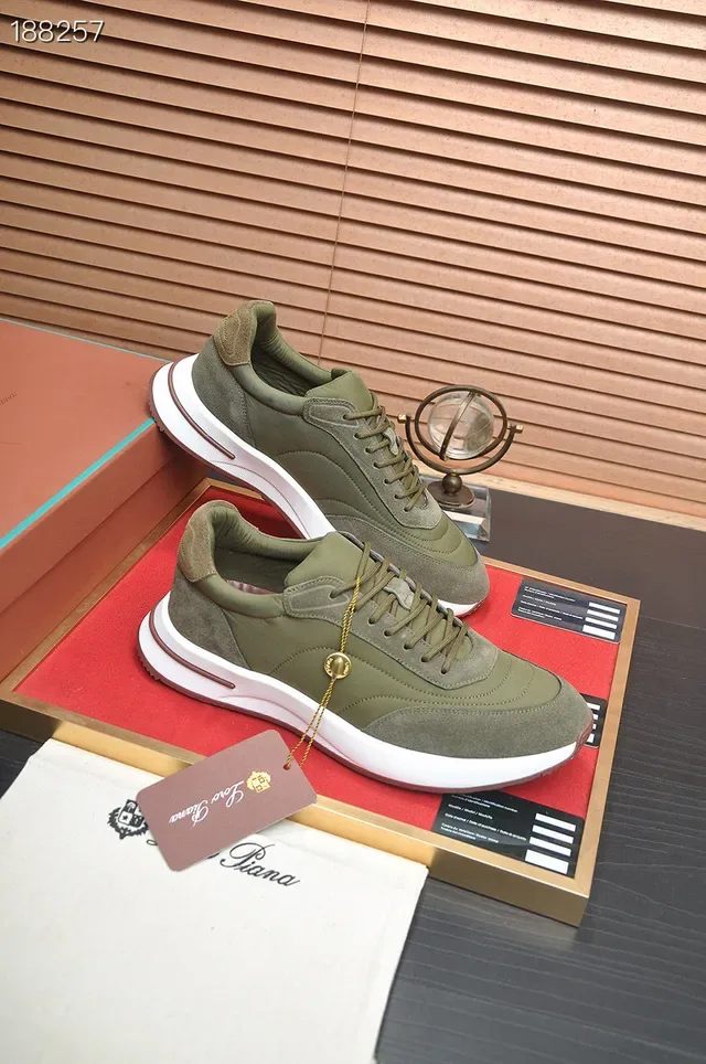 Loro Piana Chaussures lifestyle en daim vert olive et textile 5
