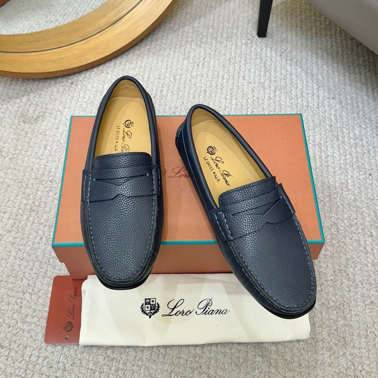 Loro Piana Penny Loafer Bleu Marine Cuir Pebbled Mocassins 2