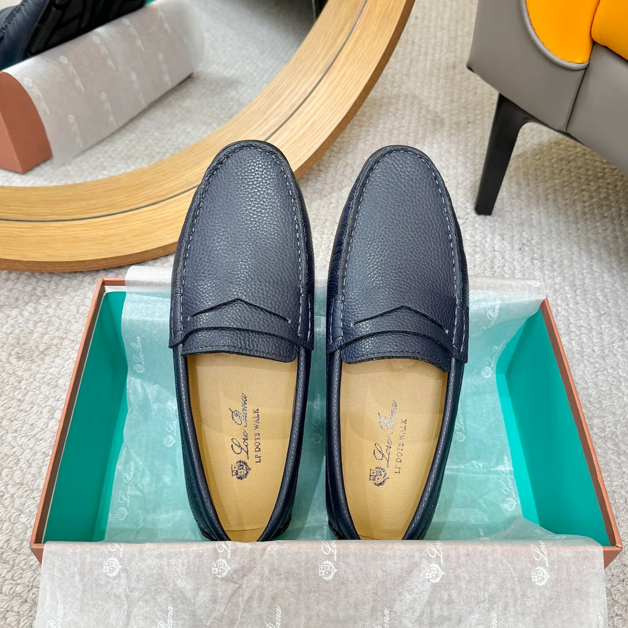 Loro Piana Penny Loafer Bleu Marine Cuir Pebbled Mocassins 3