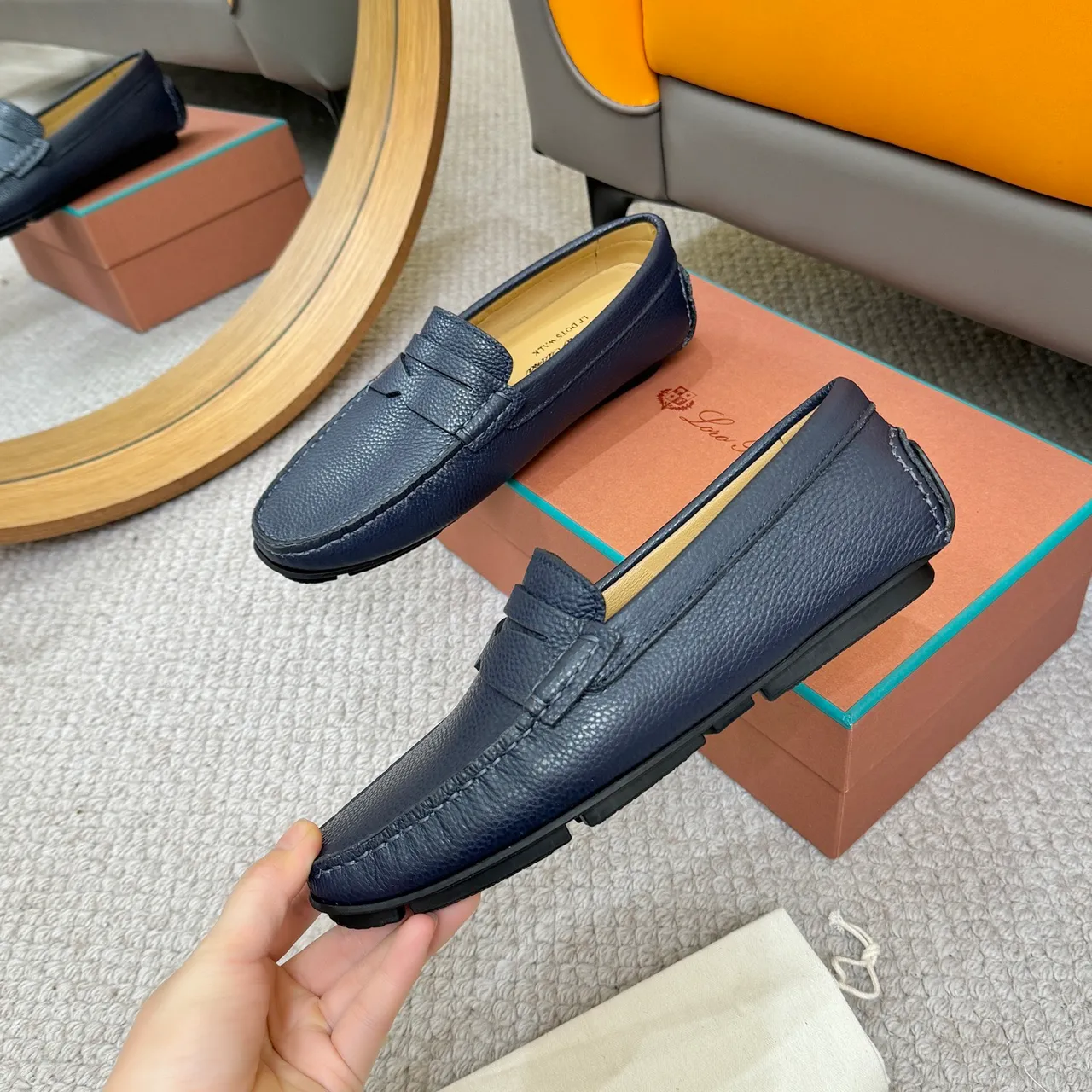 Loro Piana Penny Loafer Bleu Marine Cuir Pebbled Mocassins 5