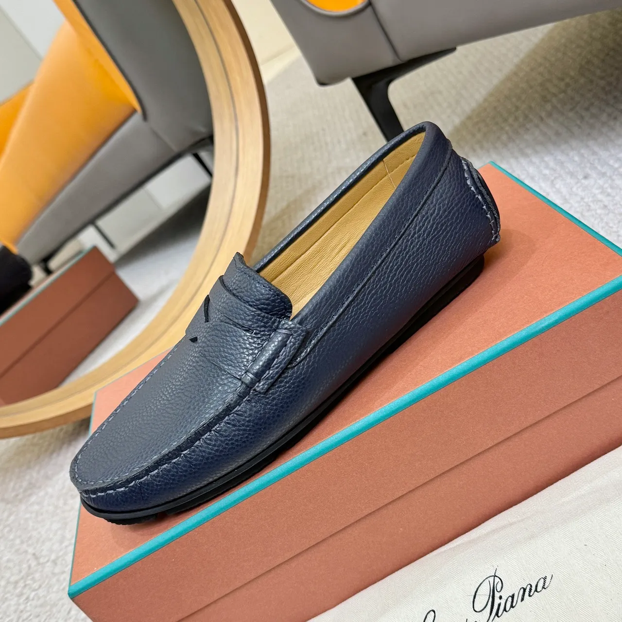 Loro Piana Penny Loafer Bleu Marine Cuir Pebbled Mocassins 6