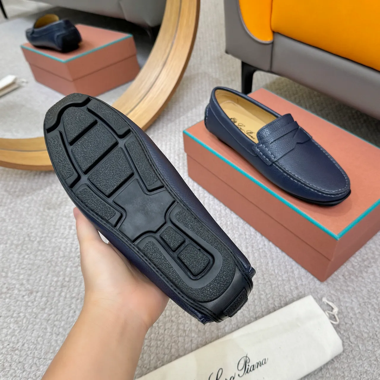 Loro Piana Penny Loafer Bleu Marine Cuir Pebbled Mocassins 7