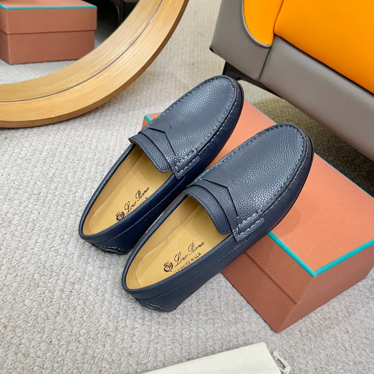 Loro Piana Penny Loafer Bleu Marine Cuir Pebbled Mocassins 8