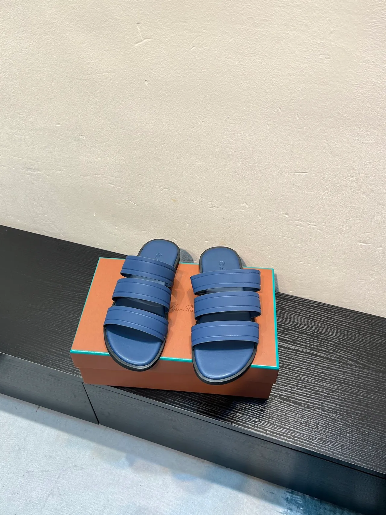 Loro Piana Three-Strap Slide Blue Black Slippers 2
