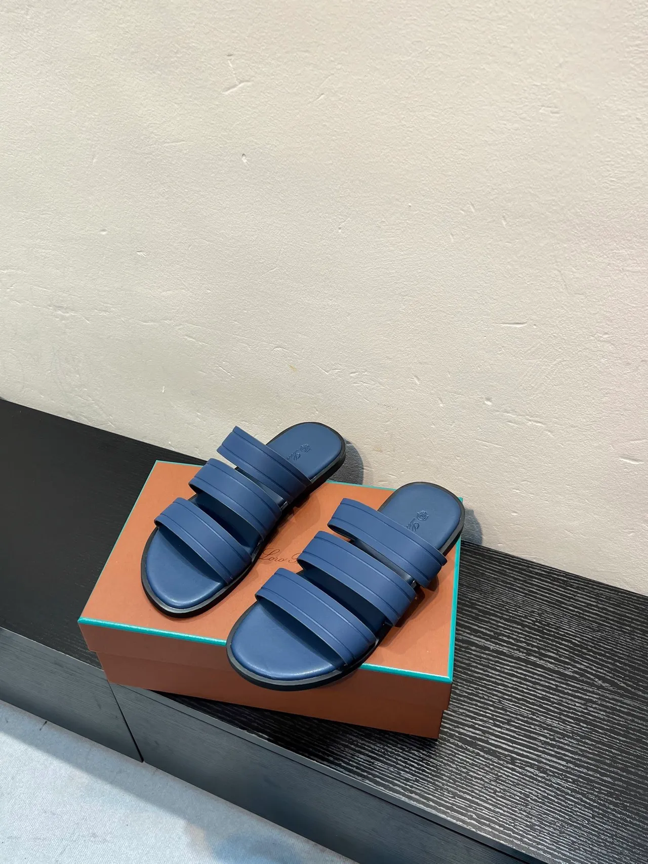 Loro Piana Three-Strap Slide Blue Black Slippers 3